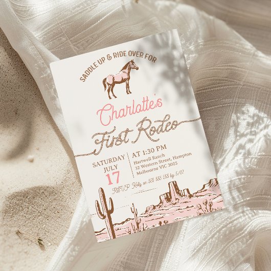 ヴィンテージピンクブラウンホース最初のロデオ1誕生日 招待状