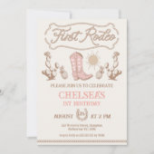 ヴィンテージピンクブラウン女性のカーボーイブーツロデオ1歳の誕生日 招待状 (正面)