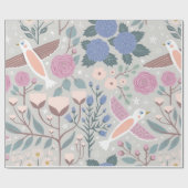 ヴィンテージピンクブルーかわいらしバードフローライラストレーション ラッピングペーパー (フラット)
