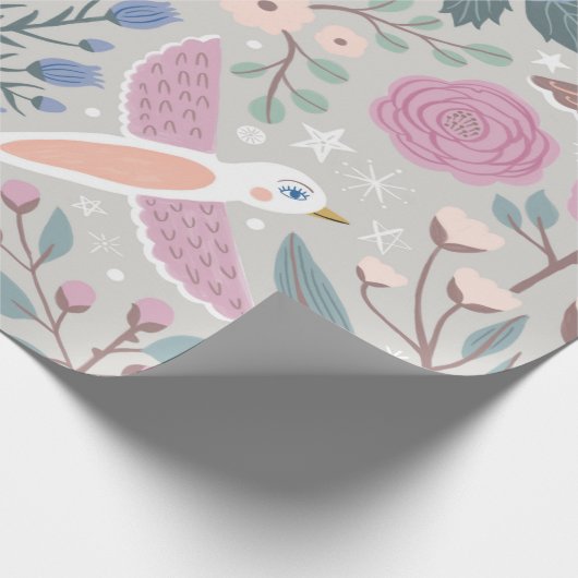 ヴィンテージピンクブルーかわいらしバードフローライラストレーション ラッピングペーパー (角)