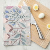 ヴィンテージピンクブルーかわいらしバードフローラルパターンアート キッチンタオル (四つ折り)