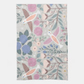 ヴィンテージピンクブルーかわいらしバードフローラルパターンアート キッチンタオル (縦)