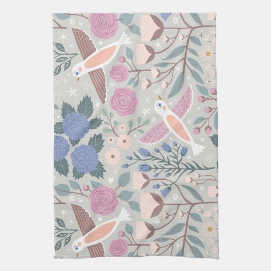 ヴィンテージピンクブルーかわいらしバードフローラルパターンアート キッチンタオル (縦)