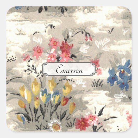 ヴィンテージピンクブルーイエローフローラミッドセンチュリーデザイン スクエアシール (正面)