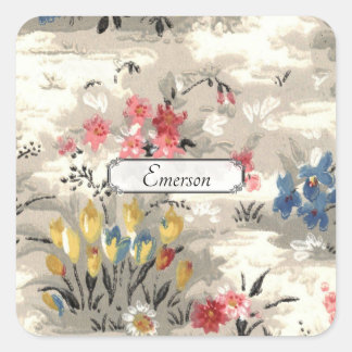 ヴィンテージピンクブルーイエローフローラミッドセンチュリーデザイン スクエアシール