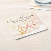 ヴィンテージピンクプリンセスクラウンSweet sixteenパーティー スクエアペーパーコースター (アングル)