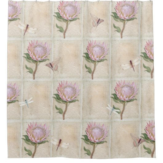 ヴィンテージピンクプロテアフラワードラゴンフライバタフライアート シャワーカーテン (正面)