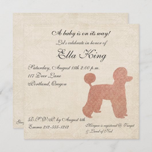 ヴィンテージピンクプードルシルエットベビー招待状 招待状 (正面/裏面)