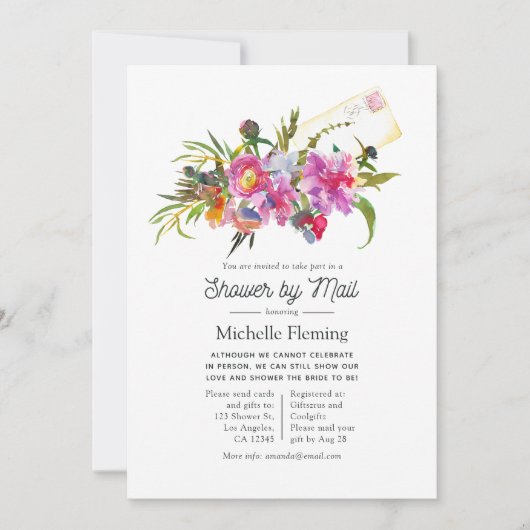 ヴィンテージピンクプーフローラブライダルシャワーバイメール 招待状 (正面)