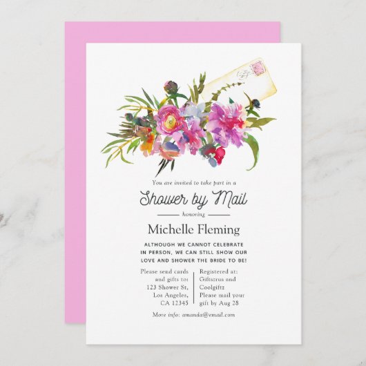 ヴィンテージピンクプーフローラブライダルシャワーバイメール 招待状 (正面/裏面)