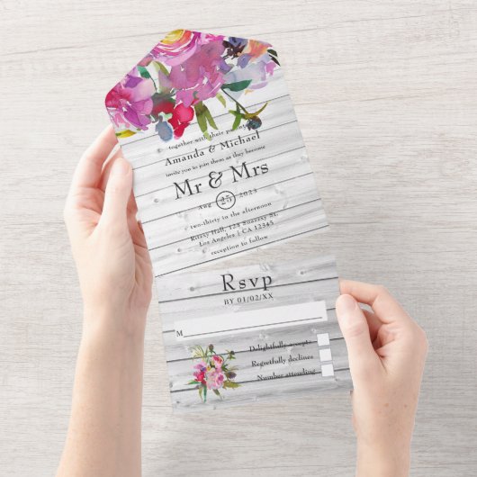 ヴィンテージピンクプー素朴ニーフローラ庭園の結婚式 オールインワン招待状 (貼ってはがせる)