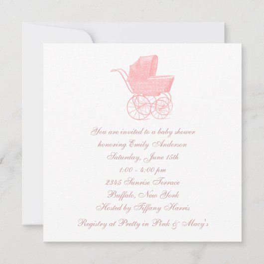 ヴィンテージピンクベビーキャリッジベビーガールシャワー 招待状 (裏面)