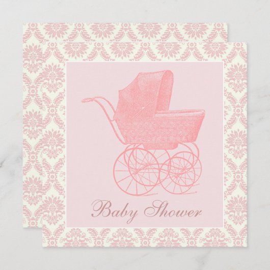 ヴィンテージピンクベビーキャリッジベビーガールシャワー 招待状 (正面/裏面)