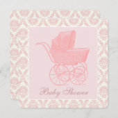 ヴィンテージピンクベビーキャリッジベビーガールシャワー 招待状 (正面/裏面)