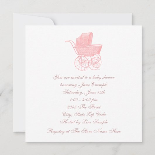 ヴィンテージピンクベビーキャリッジベビーガールシャワー 招待状 (裏面)