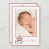 ヴィンテージピンクベビーキャリッジ誕生のお知らせ 案内状 (正面/裏面)