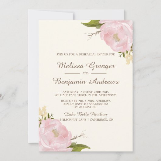 ヴィンテージピンクペオニーズリハーサルディナー招待状 招待状 (正面)