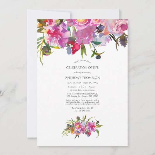 ヴィンテージピンクペオニーフローラお祝い 招待状 (正面)