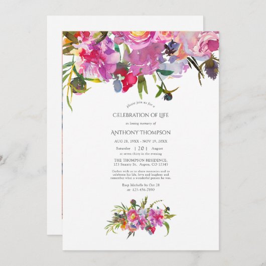 ヴィンテージピンクペオニーフローラお祝い 招待状 (正面/裏面)