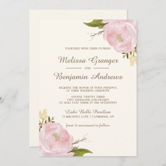 ヴィンテージピンクペオニー結婚式招待状 招待状 (正面/裏面)