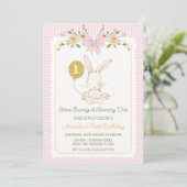 ヴィンテージピンクホワイトバニーラビット誕生日 招待状 (スタンド正面)