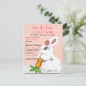 ヴィンテージピンクホワイトバニー日付赤ちゃんシャワーを保存 案内ポストカード (スタンド正面)