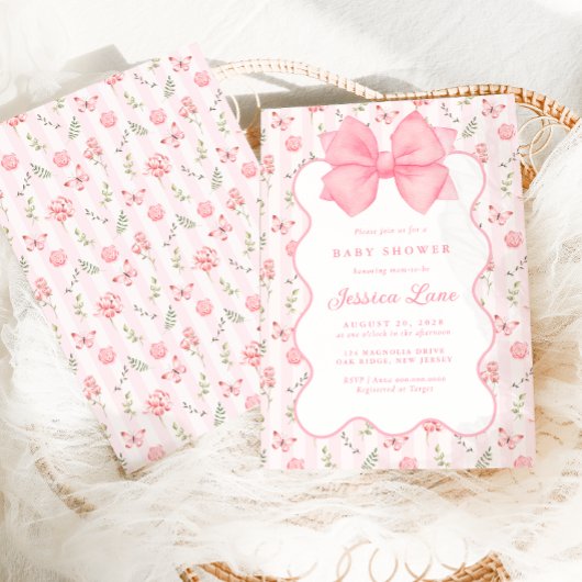 ヴィンテージピンクボウエレガントバラベビーシャワー 招待状