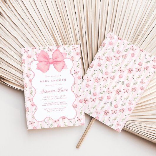 ヴィンテージピンクボウエレガントバラベビーシャワー 招待状
