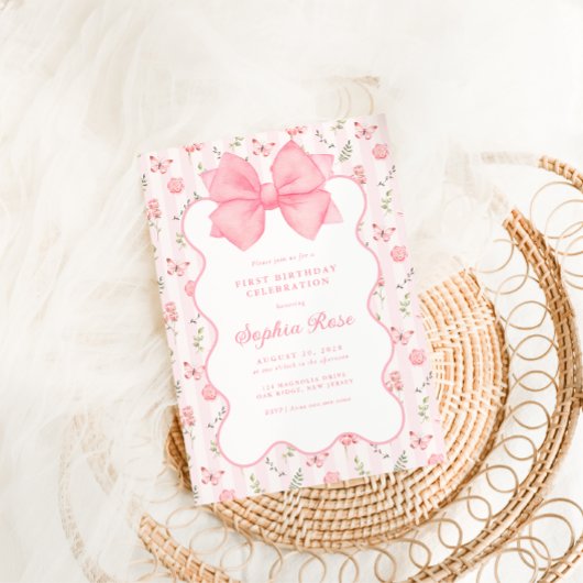 ヴィンテージピンクボウエレガントバラ誕生日招待状 招待状