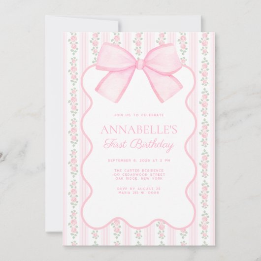 ヴィンテージピンクボウフローラエレガント誕生日 招待状 (正面)