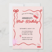 ヴィンテージピンクボウフローラエレガント誕生日 招待状 (正面)