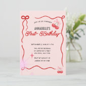 ヴィンテージピンクボウフローラエレガント誕生日 招待状 (スタンド正面)