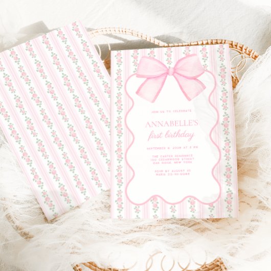ヴィンテージピンクボウフローラエレガント誕生日 招待状