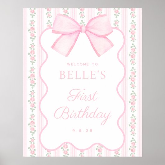 ヴィンテージピンクボウフローラ誕生日ウェルカムサイン ポスター (正面)