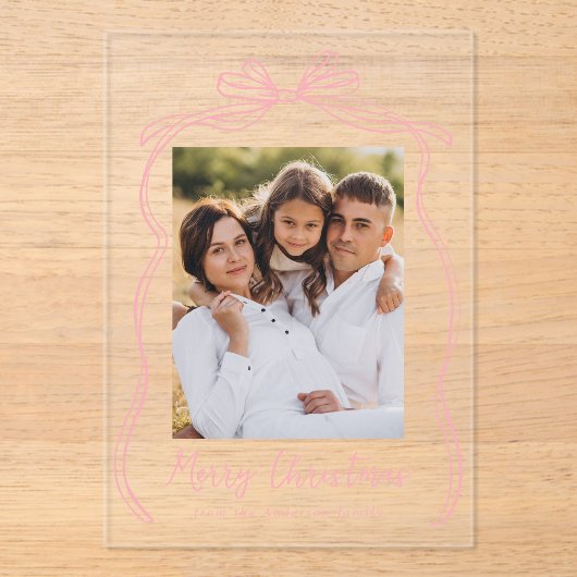 ヴィンテージピンクボウメリークリスマスフォト アクリル招待状 (正面)