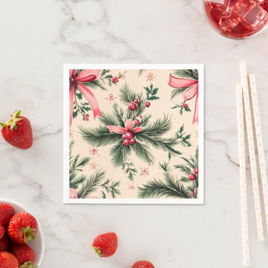 ヴィンテージピンクマスブランチ弓&ベリーデクページ スタンダードカクテルナプキン (インサイチュ)