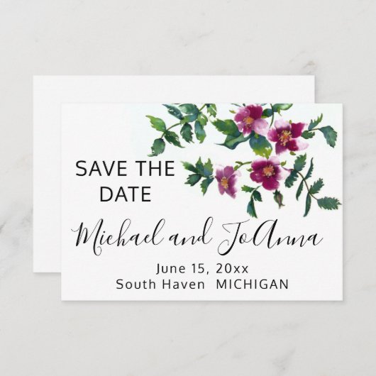 ヴィンテージピンクマゼンタバラ、水彩ピンクローズ セーブザデート (正面/裏面)