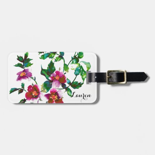 ヴィンテージピンクマゼンタバラ、水彩ピンクローズ ラゲッジタグ (正面横)