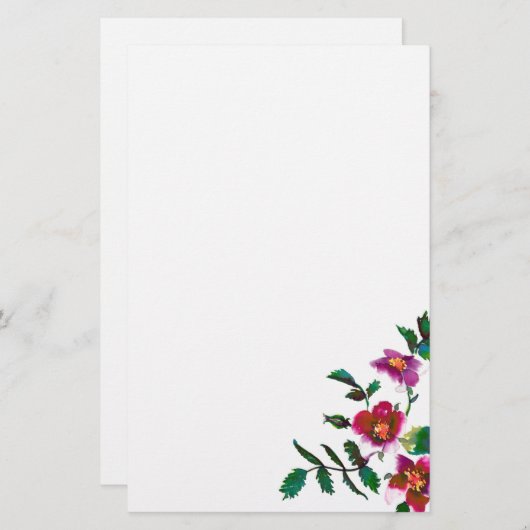 ヴィンテージピンクマゼンタバラ、水彩ピンクローズ 便箋 (正面/裏面)