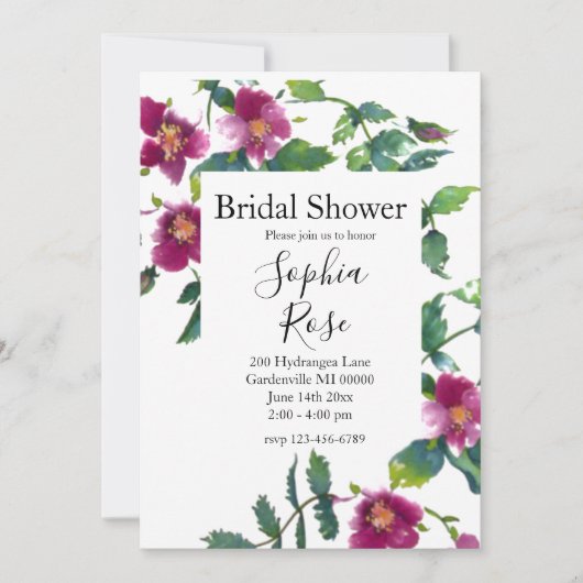 ヴィンテージピンクマゼンタバラ、水彩ピンクローズ 招待状 (正面)