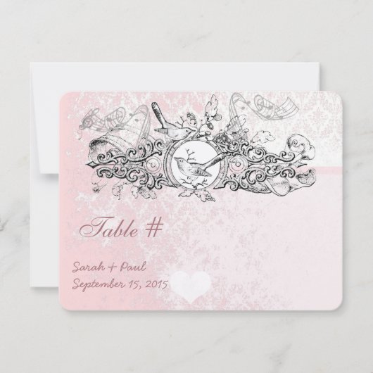 ヴィンテージピンクミュージカルス結婚クロールのテーブル番号。 招待状 (正面)