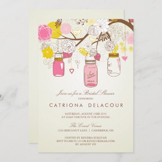 ヴィンテージピンクメイソンジャースブライダルシャワー招待 招待状 (正面/裏面)
