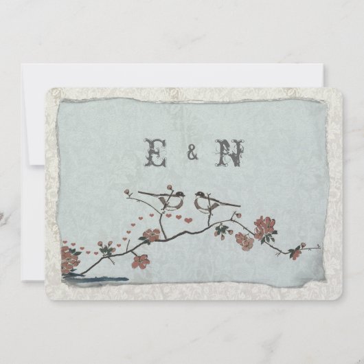 ヴィンテージピンクラブバードさくらんぼブロッサム結婚 招待状 (裏面)