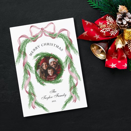 ヴィンテージピンクリボンリースメリークリスマス 招待状