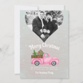 ヴィンテージピンクレッドトラックのクリスマスツリーハート写真 シーズンカード (正面)