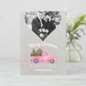 ヴィンテージピンクレッドトラックのクリスマスツリーハート写真 シーズンカード (スタンド正面)