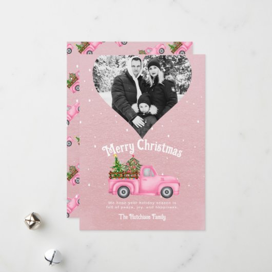 ヴィンテージピンクレッドトラックのクリスマスツリーハート写真 シーズンカード (正面/裏面インサイチュ)