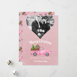 ヴィンテージピンクレッドトラックのクリスマスツリーハート写真 シーズンカード