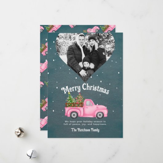ヴィンテージピンクレッドトラックのクリスマスツリーハート写真 シーズンカード (正面/裏面インサイチュ)