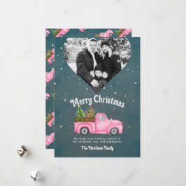 ヴィンテージピンクレッドトラックのクリスマスツリーハート写真 シーズンカード